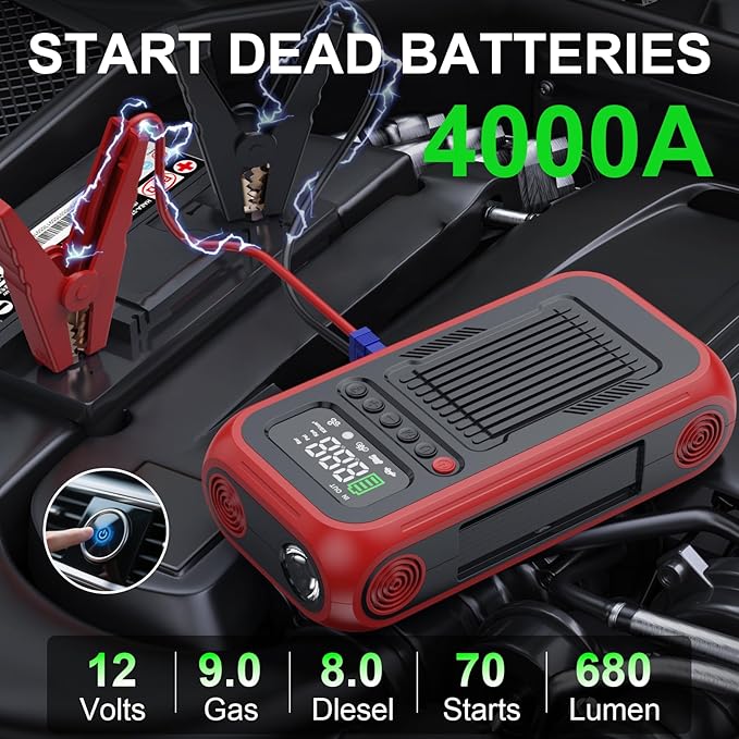 Tire Inflator Portable Air Compressor,12V Car Battery Jump Starter,5X Faster Air Pump For Car Tire with Digital Tire Pressure Gauge&LED Light&Auto Shut-Off,Cordless Pump for Car,Motor,Bicycle,ball