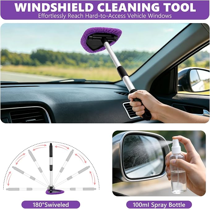 Windshield Cleaning Tool, 13PCS Car Detailing Kit Interior Cleaner, Car Window Cleaner with Extendable Handle, Car Interior Cleaning Kit with Detailing Brushes for Women Men (Purple)