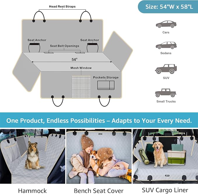 Dog Car Seat Covers for Back Seat with 2 Seat Belts, Waterproof Dog Car Hammock with Mesh Window Durable Scratch Proof Nonslip Pet Carseat Covers Universal Fit Protector for Cars, Trucks & SUVs