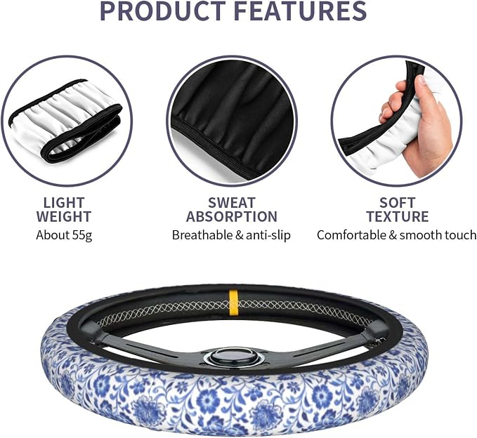 Blue Flower Steering Wheel Cover - 15 Inch Blue Floral Steering Wheel Cover Anti-Slip Breathable Universal 2 Pcs Car Interior Cup Holder Pad for Men Women