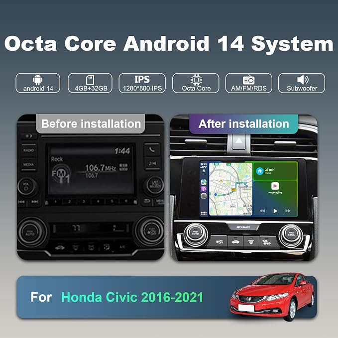 Upgraded Android 14 8 Core Car Radio Stereo for Honda Civic 2016-2021 4+32G | Wireless CarPlay & Android Auto | 9 inch Ultra HD Touchscreen | 1080P Backup Camera AM/FM/RDS SWC Wi-Fi GPS SWC