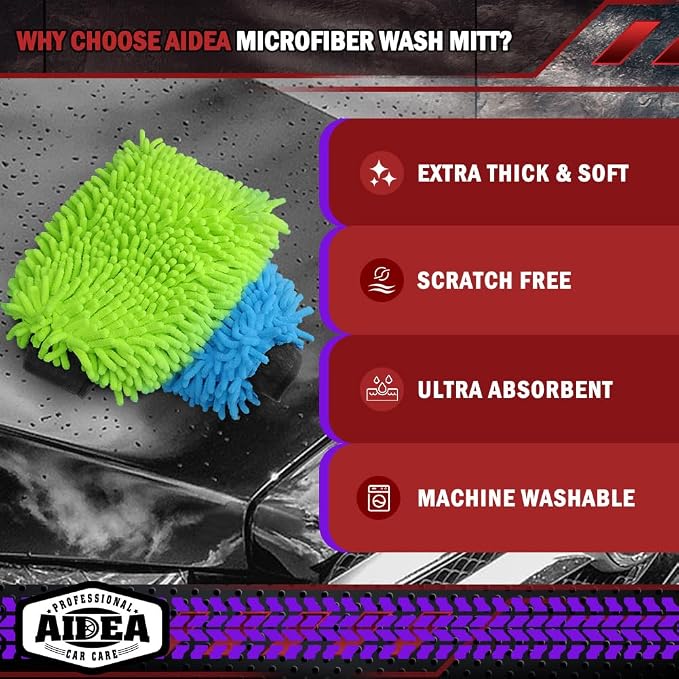 AIDEA Car Wash Mitt Microfiber, 2PK, Car Wash Brush, 8' X12'' | Scratch Free Lint-Free, Premium Chenille Microfiber Mitt, Extra Large Size, Green & Blue