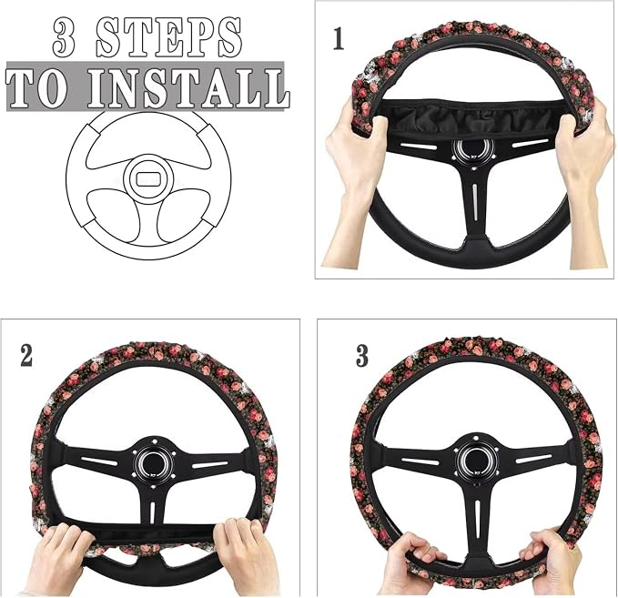 Auto Steering Wheel Covers Anti-Slip Safety Stretch-on 14-15 inch | Skull Flower Print, Steering Wheel Protector with Cloth for Women Keep Warm Comfort Grip Sweat Absorption Neoprene