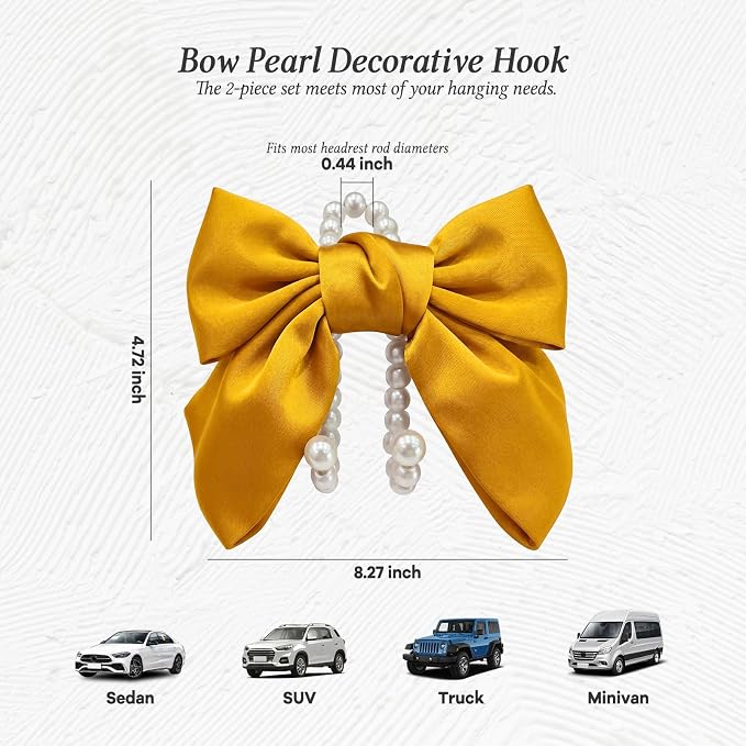 2PCS Satin Bow Pearl Car Seat Headrest Hooks – Car Bag Holder & Vehicle Hanger for Purses – Cute Coquette Aesthetic Interior Decoration – Cute Auto Organizer Accessories Universal (Glod)