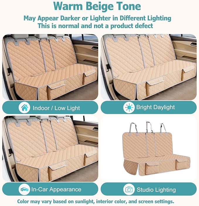 Dog Car Seat Cover for Back Seat,Armrest Compatible, Waterproof Backseat Protector, Nonslip Rear Seat Cover for Dogs & Kids, Universal Size Fits Cars Trucks SUVs (Beige)