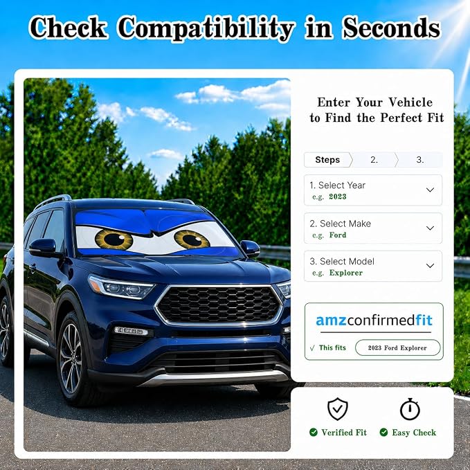 Car Windshield Sun Shade, Universal Fit Full-Size SUV Pickup, Monster Blue | 63 x 33.86" Large Foldable Windshield Cover, Foldable Front Window Sunshade, UV Heat Blocker, Cute Eyes Series