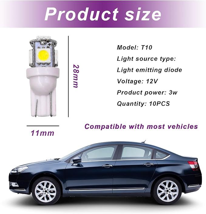 10 PCS Car Interior LED Light Bulb, T10 5050 5SMD LED Car Bulb Kit, Super Bright Automotive Led Replacement Bulbs for Dashboard Dome Map Door Courtesy License Plate Lights (White)