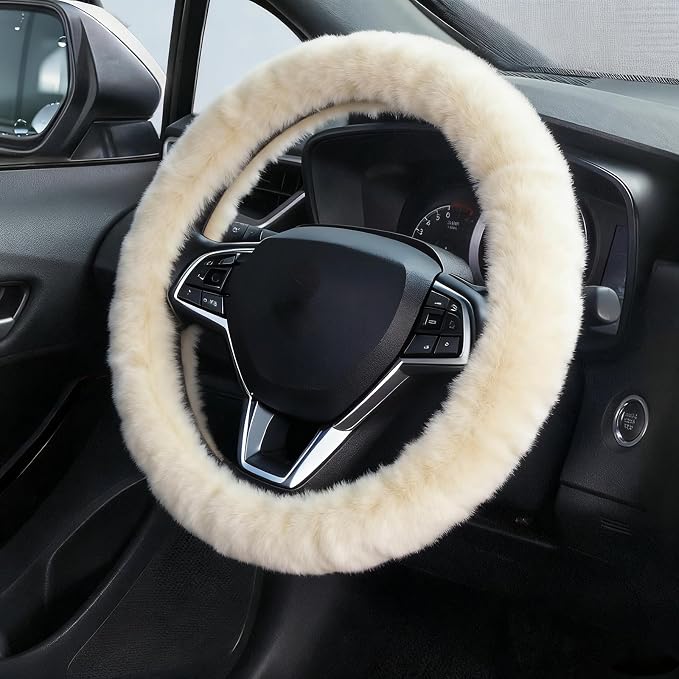 Furry Car Steering Wheel Cover, Fluffy Soft Warm Plush Non-Slip, 14 1/2-15 inch, for Women Girls, Pearl