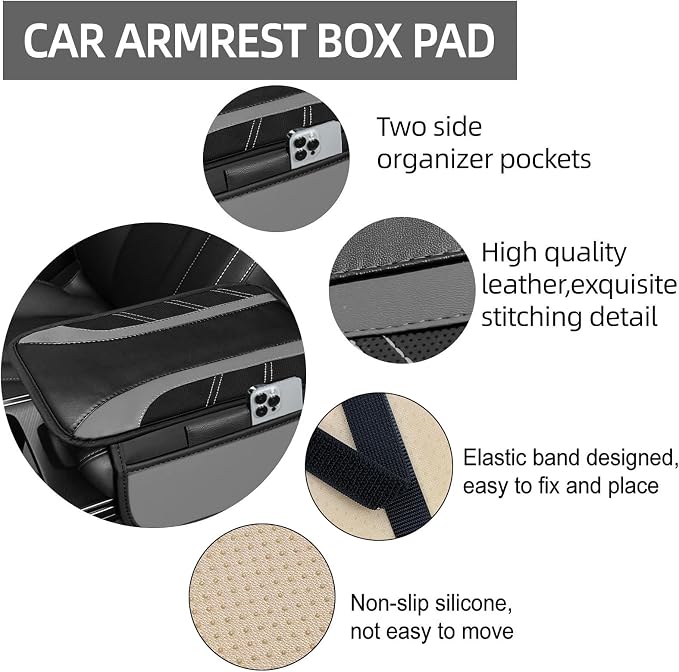 6 Pcs Grey Car Accessories Set, Sport Leather Steering Wheel Cover 14.5-15inch Universal, Microfiber Leather Car Center Console Cover, Seat Belt Cushion, Cup Holder Coaster (Black-Grey)
