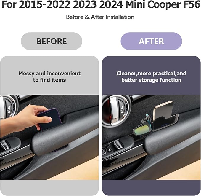 for 2024 Mini Cooper F56 Organizer Front Door Side Storage Box Door Side Organizer Grab Tray 2015-2024 Mini Cooper Countryman Armrest Phone Container Accessories 2PCS
