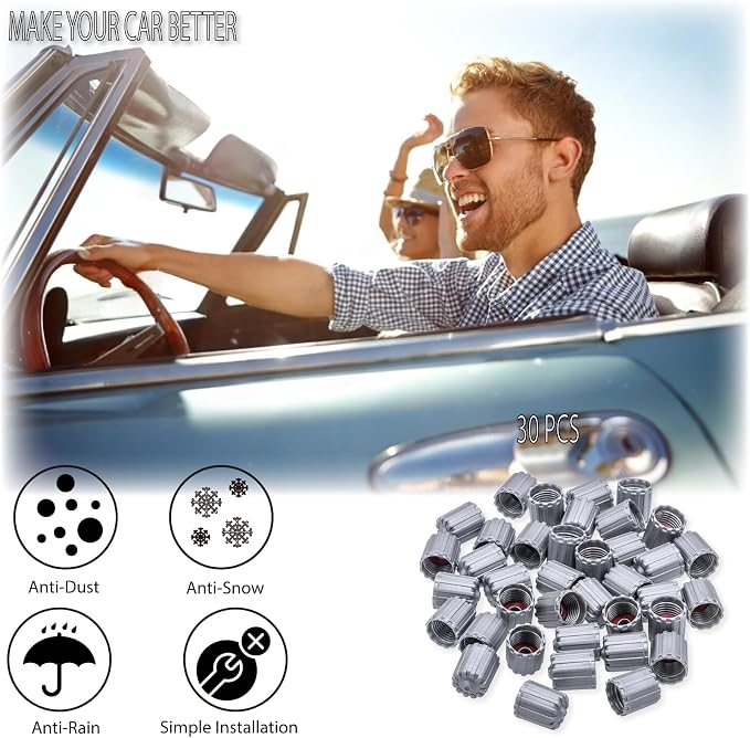30PCS TPMS Tire Valve Stem Caps, Plastic Wheel Tire Valve Stem, with O-Ring Rubber Seal, Universal Tire Valve Stem Covers for Cars, SUV, Trucks, Bikes, Motorcycles, Bicycles(Gray)