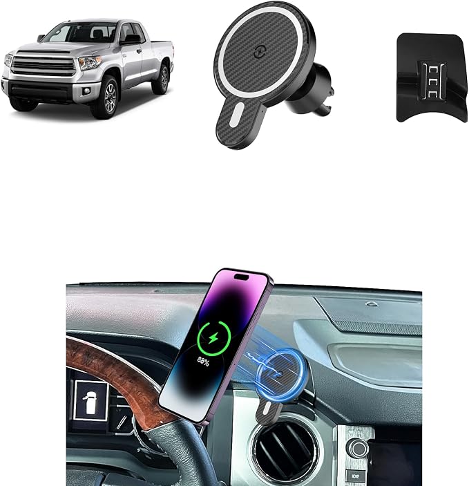 PZK Car Phone Mount for Toyota Tundra 2014-2021 Accessories Custom Air Vent | Magnetic Car Phone Holder with 15W Fast Wireless Charger Hands Free 360° Rotation Fixed Clip Magsafe Cell Phone Cradles