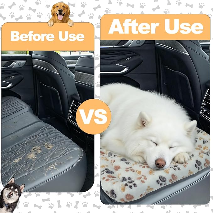 Dog Car Seat Cover for Back Seat, White Paw Print Flannel Pet Bed Mat, Non-Slip Waterproof Bottom, Washable Dog Bed & Seat Protector for Cars SUVs Trucks, Fits Backseat Extenders