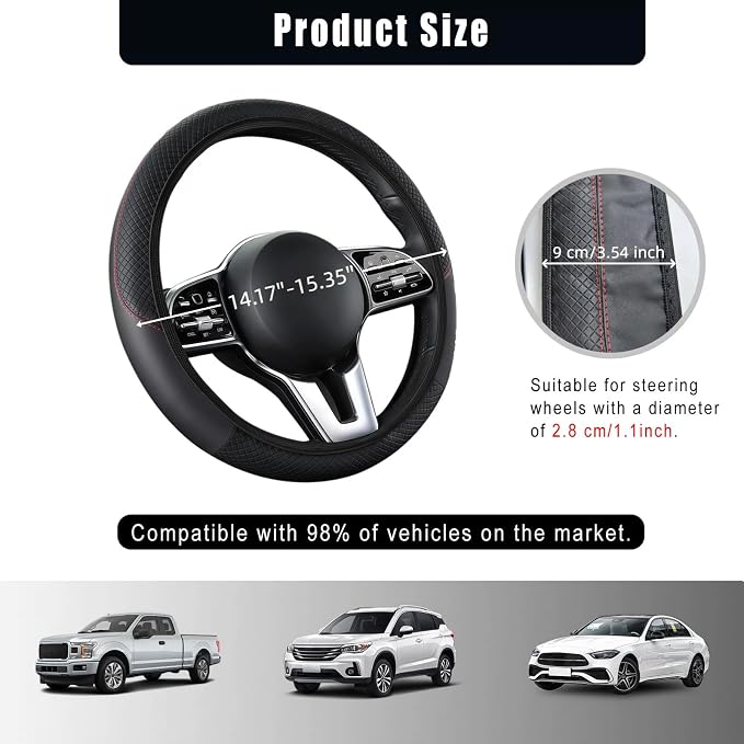 Leather Car Steering Wheel Cover, 15 Inch Anti-Slip Carbon Fiber Black Steering Wheel Cover, Universal Car Interior Accessories for Trucks Sedans SUVs (Black)