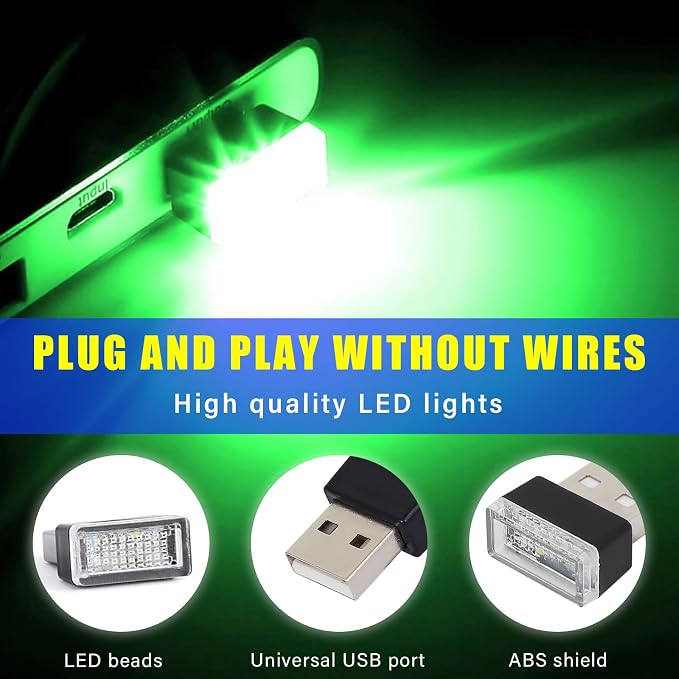 4 PCS USB LED Car Interior Atmosphere Lamp, Plug-in USB Decor Night Light, Portable Auto Ambient Lighting Kit, Universal Vehicle Interior Accessories for Most Cars (Green)