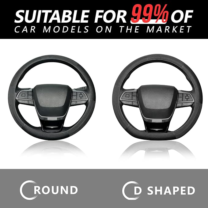Car Steering Wheel Cover for Men Women, Non-Slip Silicone Wave Pattern Auto Interior Accessories, Universal Fit 14 15 16 Inch Round & D-Shape Wheels, Black