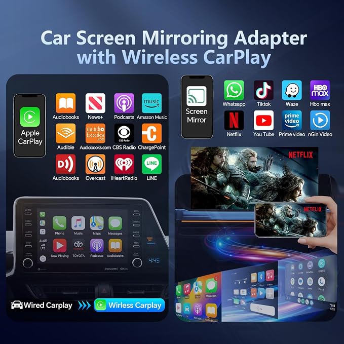 Car Screen Mirroring Adapter with Wireless CarPlay - Supports Watching Any App (YouTube, Net-flix, TikTok, etc.), Siri Control & Phone Charging, Compatible with Factory-CarPlay Equipped Vehicles.