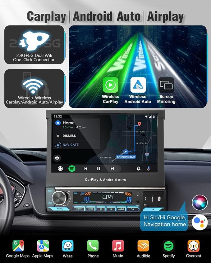 【 】 Single Din Touchscreen Radio with Wireless CarPlay, 7 inch QLED Android Auto Screen for car,Motorized Flip Out Car Stereo Upgrade Fast Charging(QC/PD 3.0)/AM/FM/DSP/AHD (S7012)