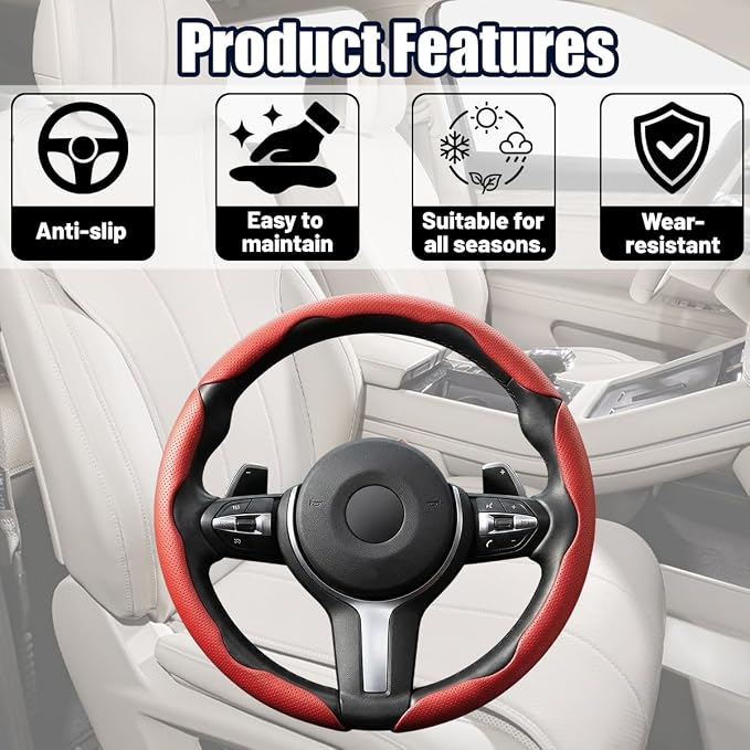 3PCS/Set Car Steering Wheel Cover, Leather Segmented Anti-Slip Automotive Wheel Protector, Soft Breathable Vehicle Steering Protection Covers, Universal Interior Accessories (Red)