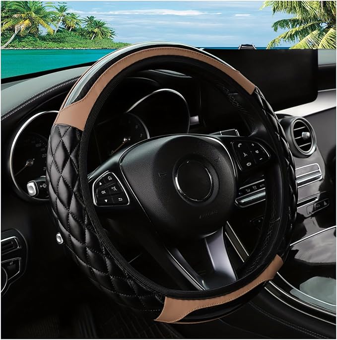 Car Steering Wheel Cover, 14.5-15inch Leather Anti-Slip Car Wheel Cover Protector, Safety Comfortable Desgin, Universal Auto Steering Wheels Accessories for Cars Truck SUV (Beige)