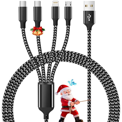 Multi Charging Cable,Dual Type-C Multiple Charger Cable Nylon Braided 4 in 1 Multi USB Cable Charging Cord with IP/Type C/Micro USB Ports for Cell Phones/iPhone/Tablets/Samsung Galaxy & More-1Pack 5Ft