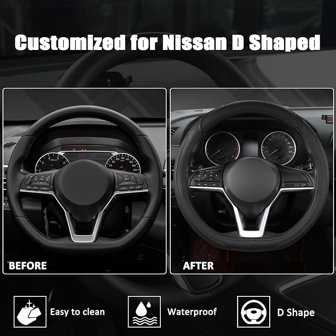 Customized Auto Car Steering Wheel Cover for Nissan,D Shaped Steering Wheel Cover for Rogue,Altima,Kicks (D-Shaped-Black)