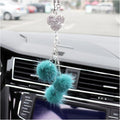 Bling Diamond Heart Car Interior Accessories, Car Mirror Hanging Ornament for Women, Love Heart & Pink Plush Ball Decor Ornament Pendant (Peacock Blue)
