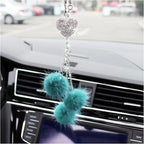 Bling Diamond Heart Car Interior Accessories, Car Mirror Hanging Ornament for Women, Love Heart & Pink Plush Ball Decor Ornament Pendant (Peacock Blue)