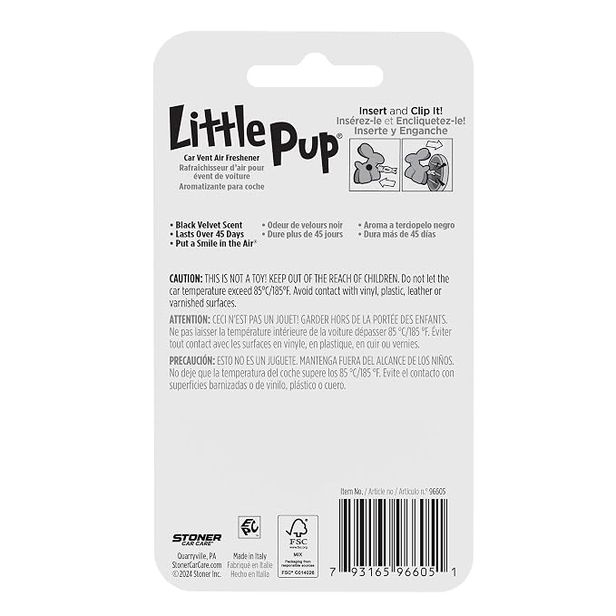 Little Pup 96605 Black Velvet Scent, Car Air Freshener, Clips to A/C Air Vent, Alcohol-Free Fragrance Oil, Non-Hazardous and Non-Toxic Plastic, Set of 1