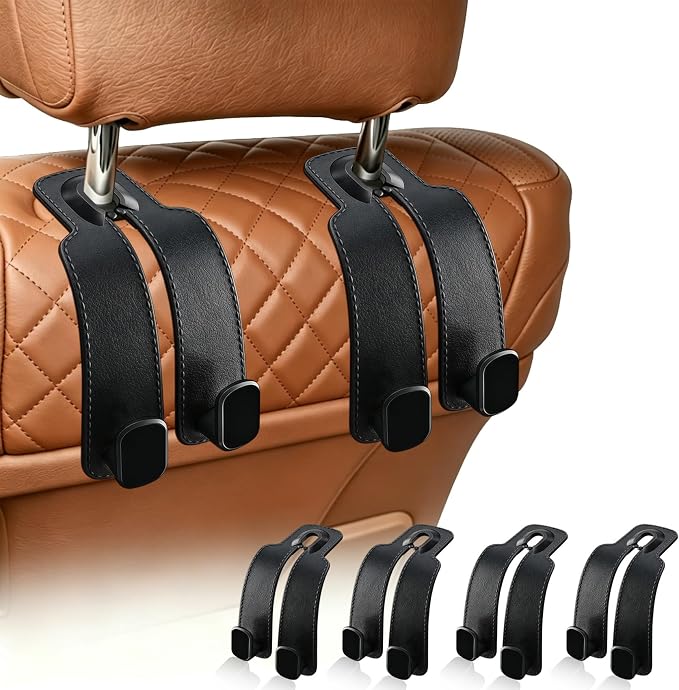 Car Seat Headrest Hooks, 4 Pack Universal Purse Hook for Car, Bag Holder with Double Hooks, Back Seat Storage Organizer for Purses, Handbags, Grocery