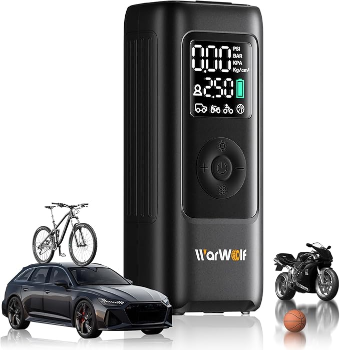 WARWOLF 160PSI Portable Air Compressor, Electric Air Pump for Car Tires with Pressure Gauge, Dual Power 12V DC, LED Light, Auto Shut-Off, Tire Pump for Auto, Motorcycle, Bicycle, Balls