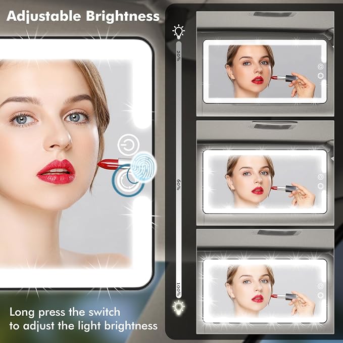 Car Sun Visor Vanity Mirror with Lights, Rechargeable LED Car Visor Makeup Mirror with 3 Color Dimmable Lights - Universal Accessories for Cars, SUVs, Trucks (Black)