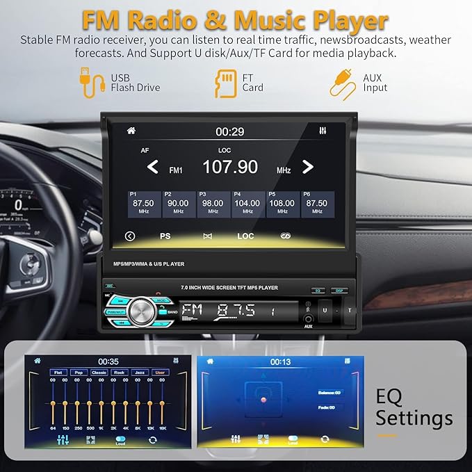 Single Din Carplay Car Stereo with Bluetooth AHD Backup Camera, 7 Inch flip Out Touch Screen Car Radio MP5 Player Support Android Auto, Mirror Link, USB, TF, FM Radio, Aux-in, SWC