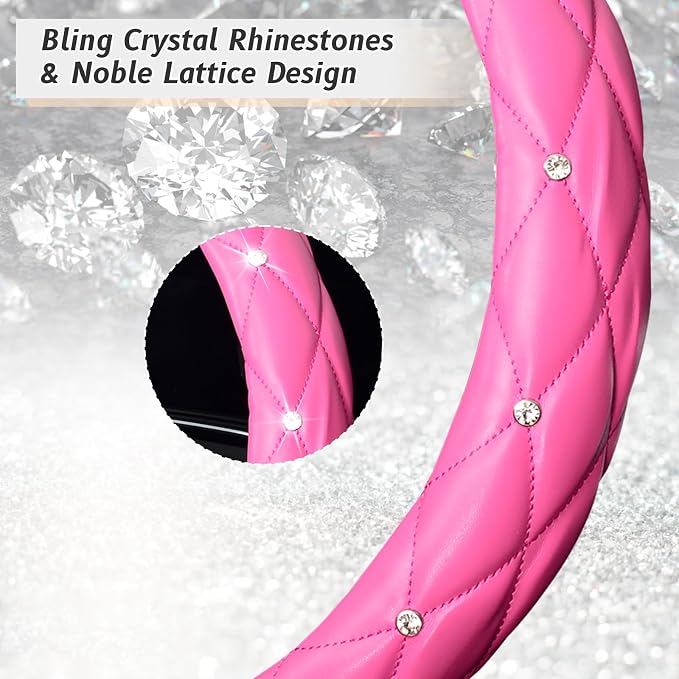 Diamond Leather Steering Wheel Cover with Bling Bling Crystal Rhinestones, Universal 15 inch,Dark Pink