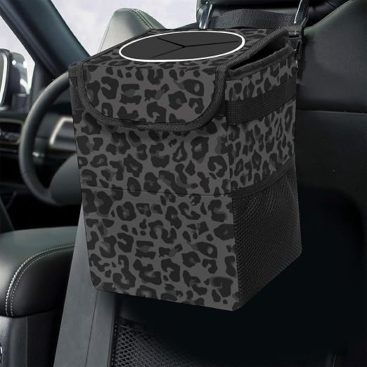 Black Leopard Car Trash Can, Waterproof Portable Mini Garbage Bin, Lightweight No-Install Waste Basket for Car Office Home, Cute Multifunctional Car Interior Accessory