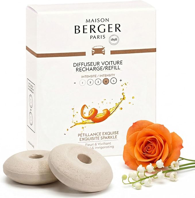 Car Diffuser Refill Set, Exquisite Sparkle | Grapefruit Rose Musk Notes, 2 Ceramic Inserts, Fits Vent Clips, 4-Week Diffusion, Made in France