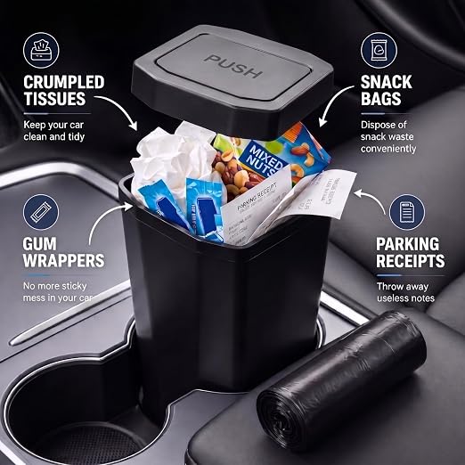 Car Trash Can, Mini Car Garbage Can with Lid, Leakproof Small Cup Holder Trash Can for Car with 60 Trash Bags, Vehicle SUV Truck Organizers and Storage for Home, Office, Black