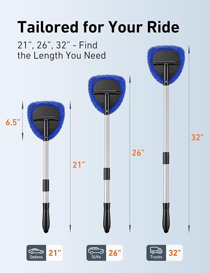 21" Extra-Long Windshield Cleaner Tool, Car Interior Detailing Cleaning Kit with Extendable Handle and 4 Upgraded Reusable Microfiber Pads, Auto Glass Wiper Brush Kit for Cars, Blue