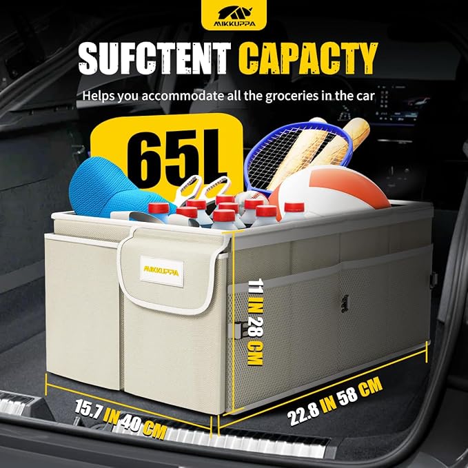 Car Trunk Organizer - 65L Collapsible Trunk Organizer with Lid, Sturdy Car Storage for SUV Auto Truck Van with Adjustable Straps and Non Slip Bottom (White)