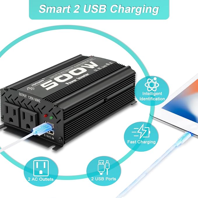 500 watt Power Inverter for Vehicles,Small car,12 Volt to 110/120 Volt for car Cigarette Lighter RV semi Truck Vehicle Inverter with 2 AC Outlets 2USB Ports-500W (500W)