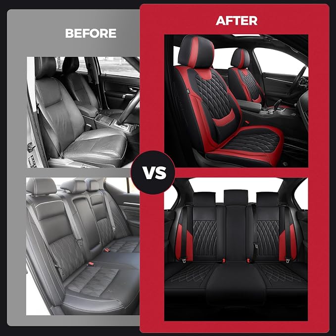 Black Red Car Seat Covers Full Set - Faux Nappa Leather Seat Covers for Cars, Breathable Waterproof Front Seats with Lumbar Support and Rear Seat Cover, Fit for Automotive Sedans SUVs Pickups