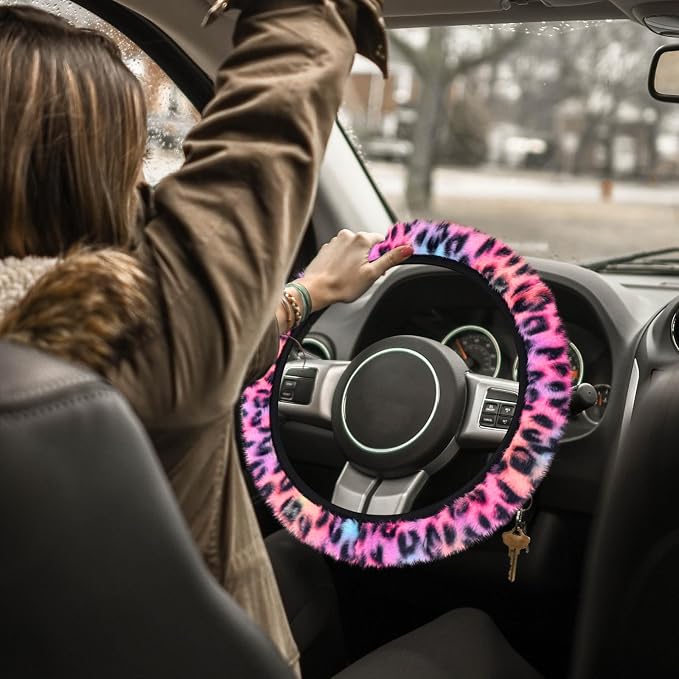 Fuzzy Car Steering Wheel Cover, Universal Fit Fluffy Auto Wheel Cover & Handbrake Cover & Gear Shift Cover Set, Leopard Print, Car Steering Wheel Cover Protector for Women Girls (Colorful)