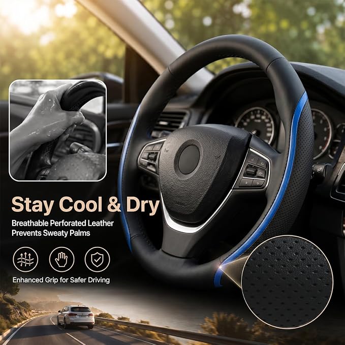 Steering Wheel Cover Blue and Black Leather Universal 14.5-15 inch | Carbon Fiber Car Steering Wheel Covers with Coasters Microfiber Breathable Anti-Slip Steering Wheel Accessories Set