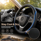 Steering Wheel Cover Blue and Black Leather Universal 14.5-15 inch | Carbon Fiber Car Steering Wheel Covers with Coasters Microfiber Breathable Anti-Slip Steering Wheel Accessories Set
