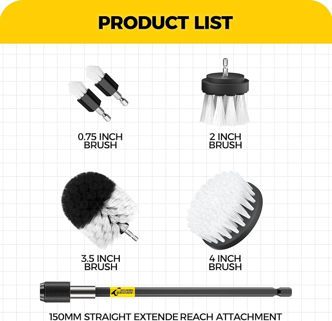 6Pack Drill Brush Power Scrubber Cleaning Brush Extended Long Attachment Set All Purpose Drill Scrub Brushes Kit for Grout, Floor, Tub, Shower, Tile, Bathroom and Kitchen Surface White | 5 head sizes, white nylon fibers, power scrubber attachme...