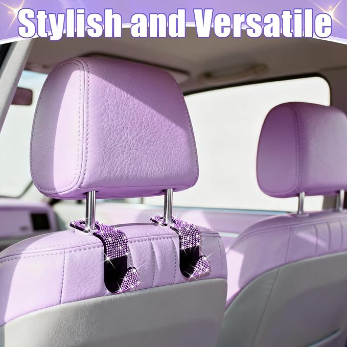 6 Pack Bling Car Seat Headrest Hooks, Rhinestone Purse Hook for Car, Universal Storage Organizer for Handbag Grocery Bags Coats, Bling Car Accessories for Women (Bling Purple)