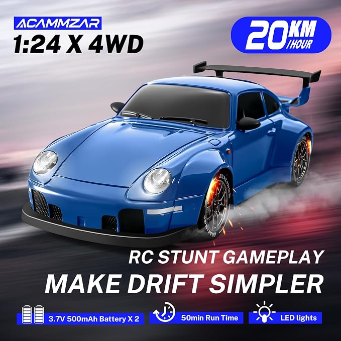 RC Drift Car, 1:24 Remote Control Car for Kids, 20KM/H 4WD High Speed RC Cars with LED Lights, Two Batteries, Extra Drifting Tires, Vehicle for Adults Boys Girls, Blue