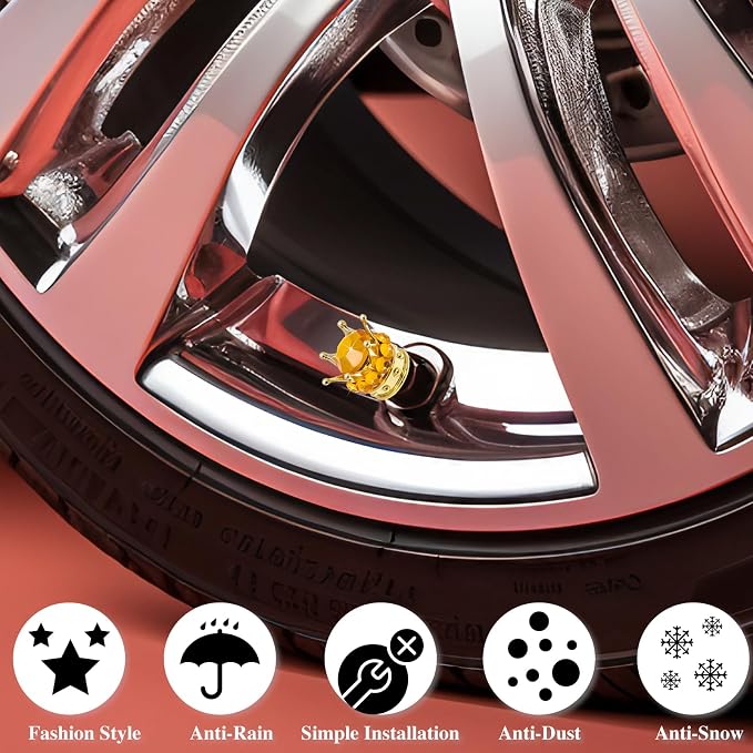 4PCS Crown Bling Tire Stem Valve Caps, Crystal Diamond Car Wheel Tire Valve Caps Universal Copper Core Stem Covers for Cars, SUV, Trucks, Bikes, Motorcycles, Bicycles (Gold)