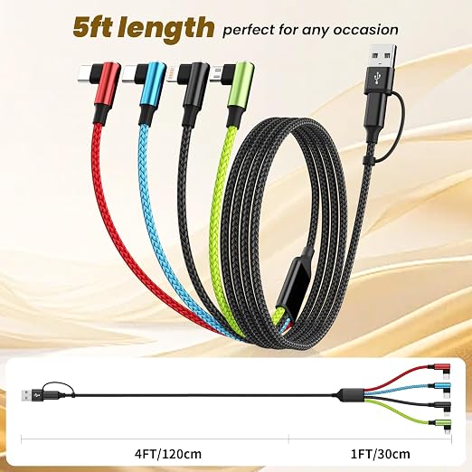 Travel Essentials 90 Degree Charging Cable, 4 in 2 USB A/USB C Multi Charging Cable, Right Angle Universal Phone Charger with IP/Type C/Type C/Micro Port, Compatible with Most Cell Phones and More