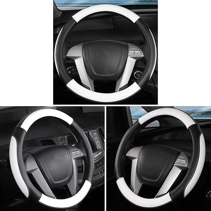 Car Steering Wheel Cover Small Size for Prius Civic Model 3 Model Y Camaro Rogue with 14-14 1/4 inches Outer Diameter, Black and White Mirofiber Leather